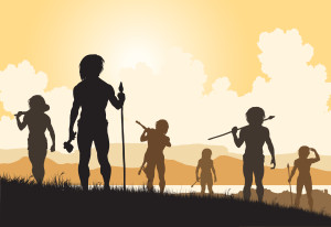 Editable vector silhouettes of cavemen hunters on patrol